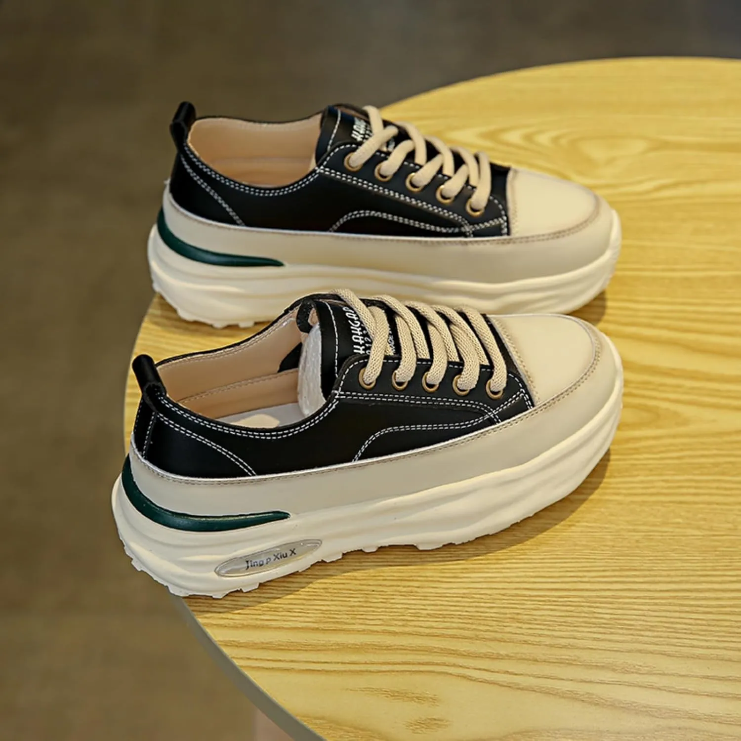 Womens Fashion Leather Platform Lace Up Sneakers Casual Round Toe Non Slip Flat Loafers Walking Workout Shoes