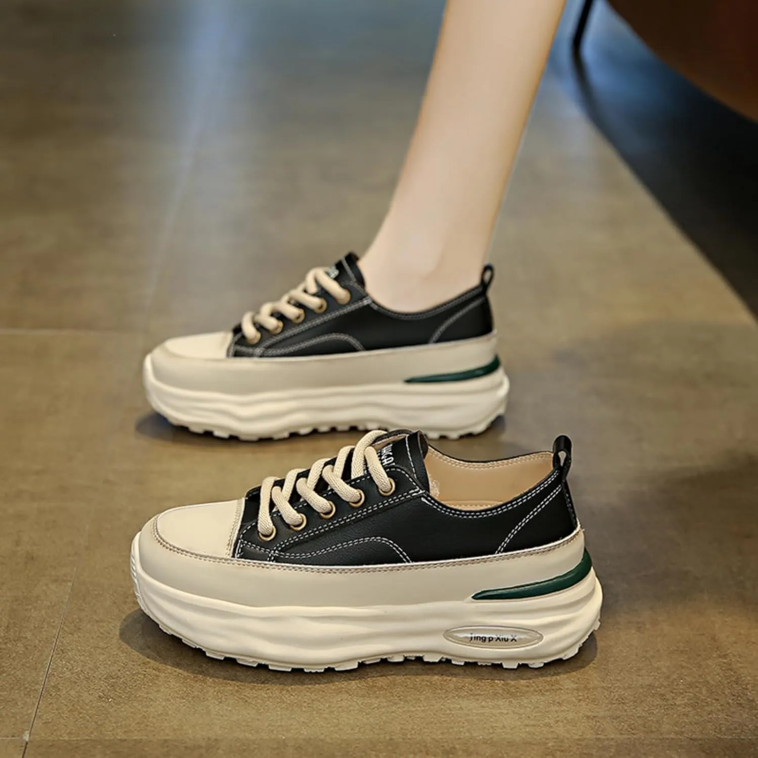 Womens Fashion Leather Platform Lace Up Sneakers Casual Round Toe Non Slip Flat Loafers Walking Workout Shoes