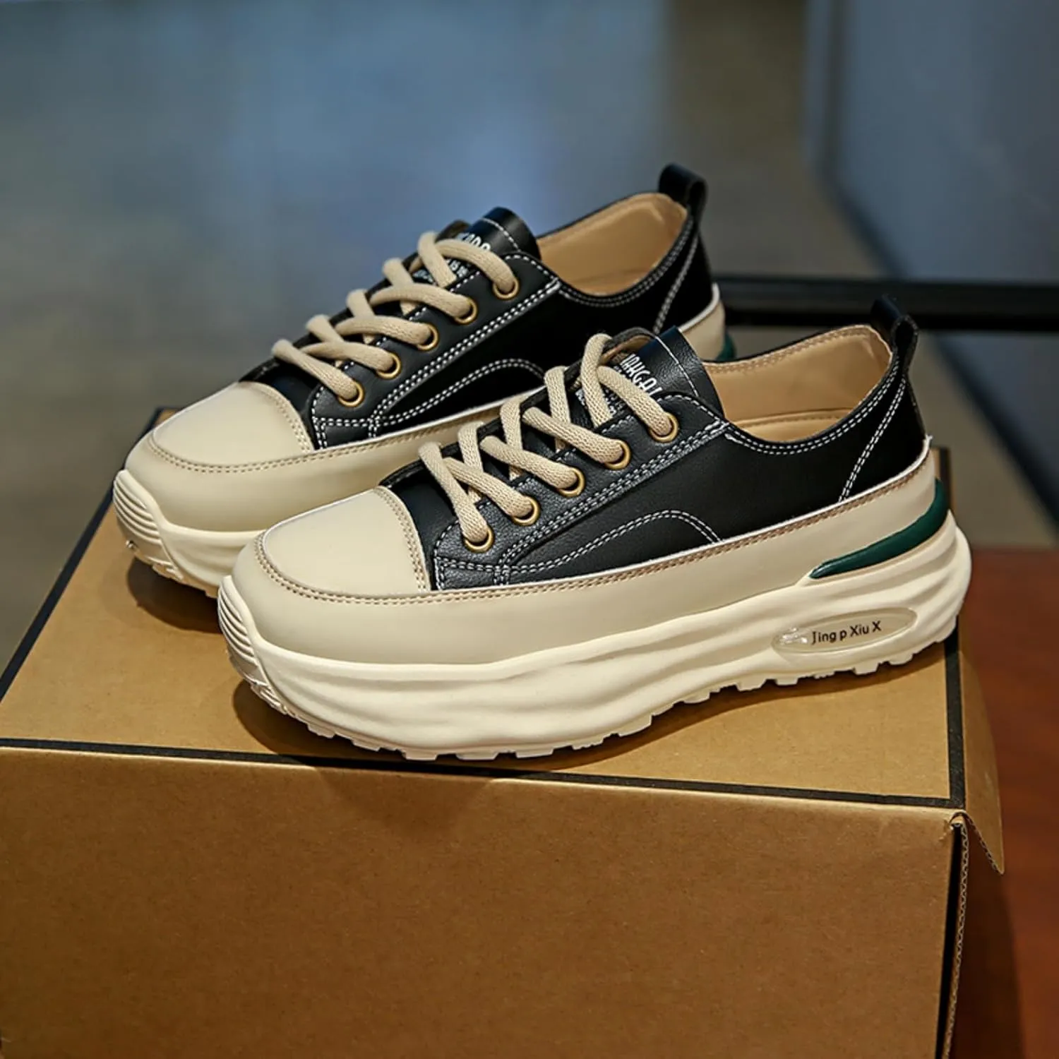 Womens Fashion Leather Platform Lace Up Sneakers Casual Round Toe Non Slip Flat Loafers Walking Workout Shoes
