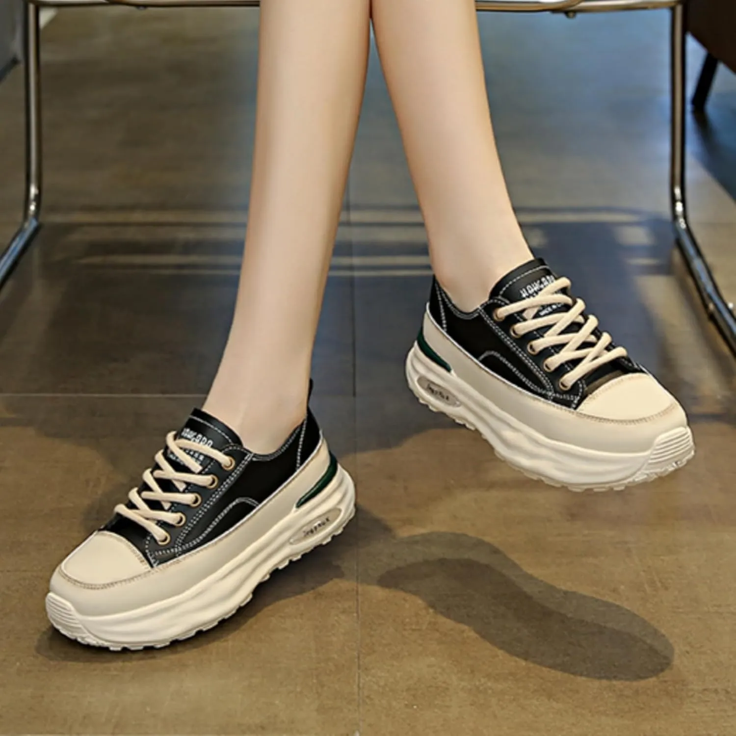 Womens Fashion Leather Platform Lace Up Sneakers Casual Round Toe Non Slip Flat Loafers Walking Workout Shoes