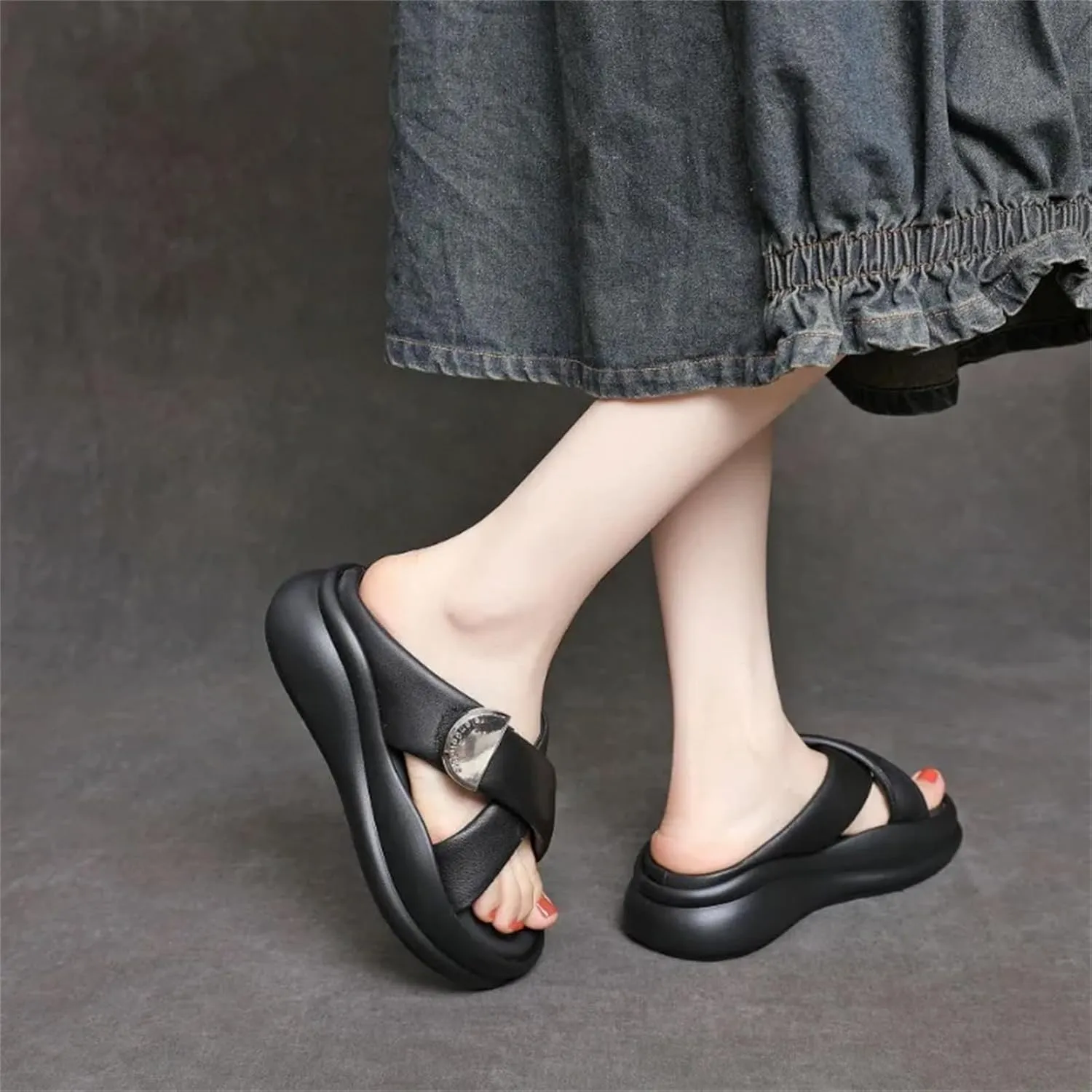 Women's Genuine Leather Oxfords - 5cm Peep Toe Summer Slip-On Contoured