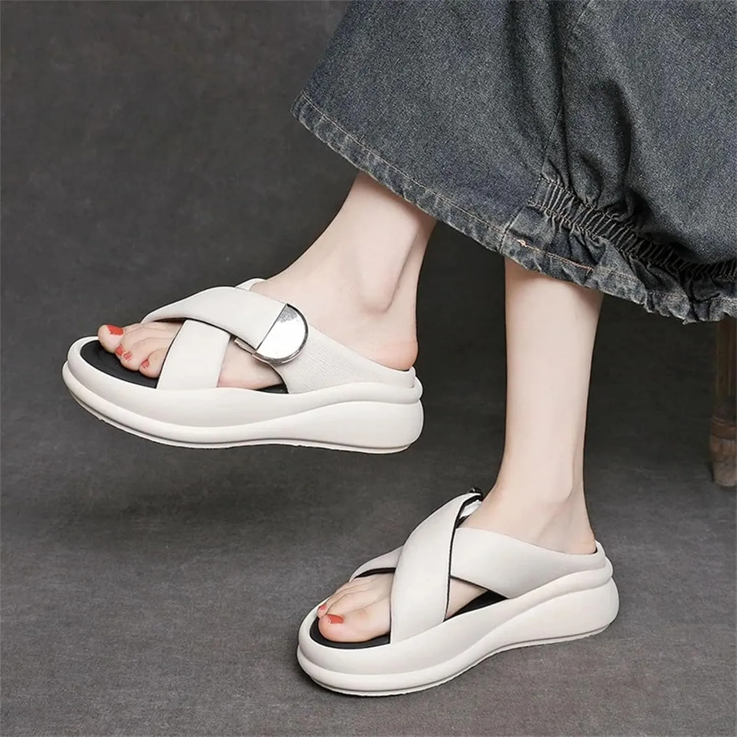 Women's Genuine Leather Oxfords - 5cm Peep Toe Summer Slip-On Contoured