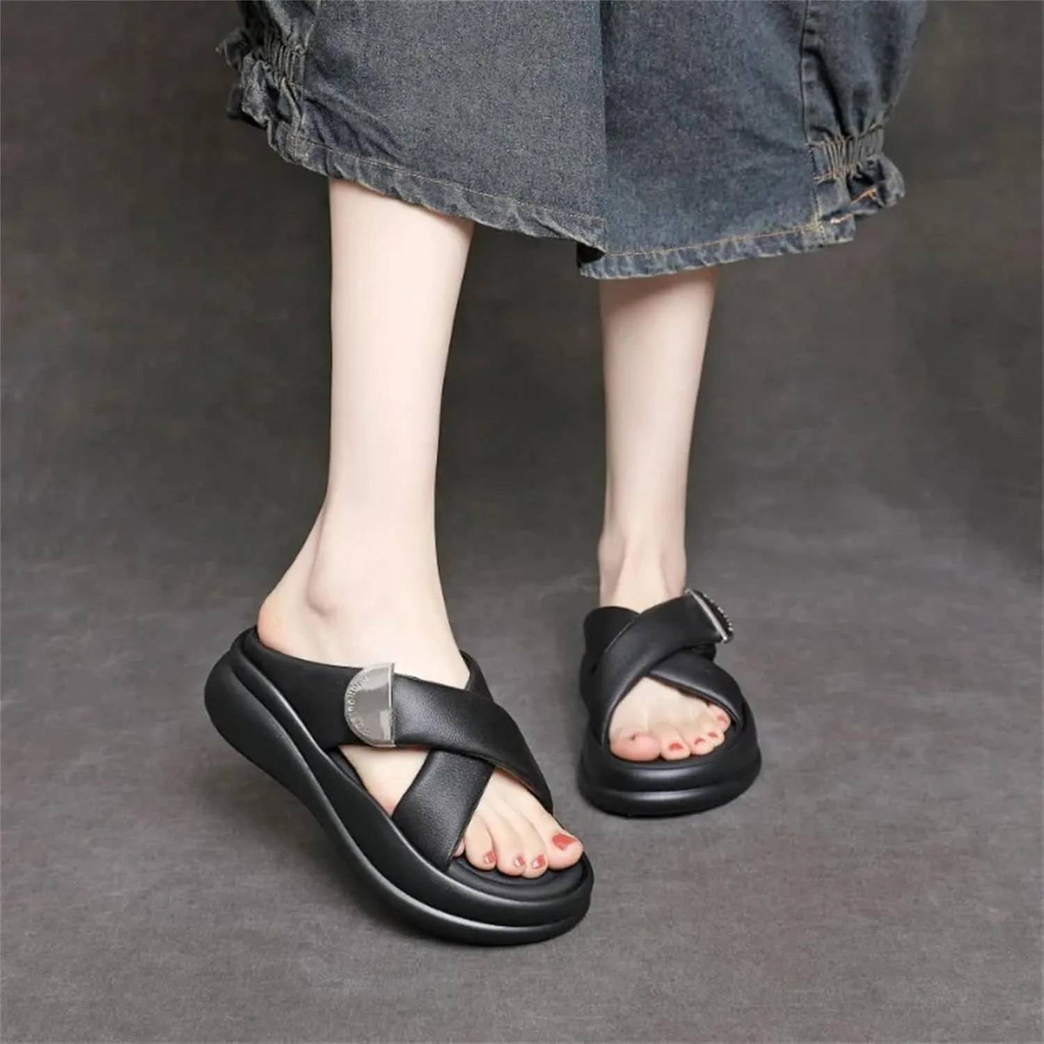 Women's Genuine Leather Oxfords - 5cm Peep Toe Summer Slip-On Contoured