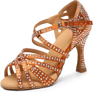 Womens Girls High Heel Dance Shoes Crystals Beaded Latin Tango Wedding Formal Party Sandals X2212