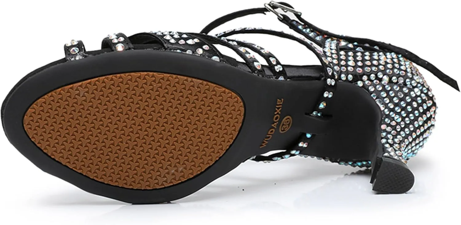 Womens Girls High Heel Dance Shoes Crystals Beaded Latin Tango Wedding Formal Party Sandals X2212