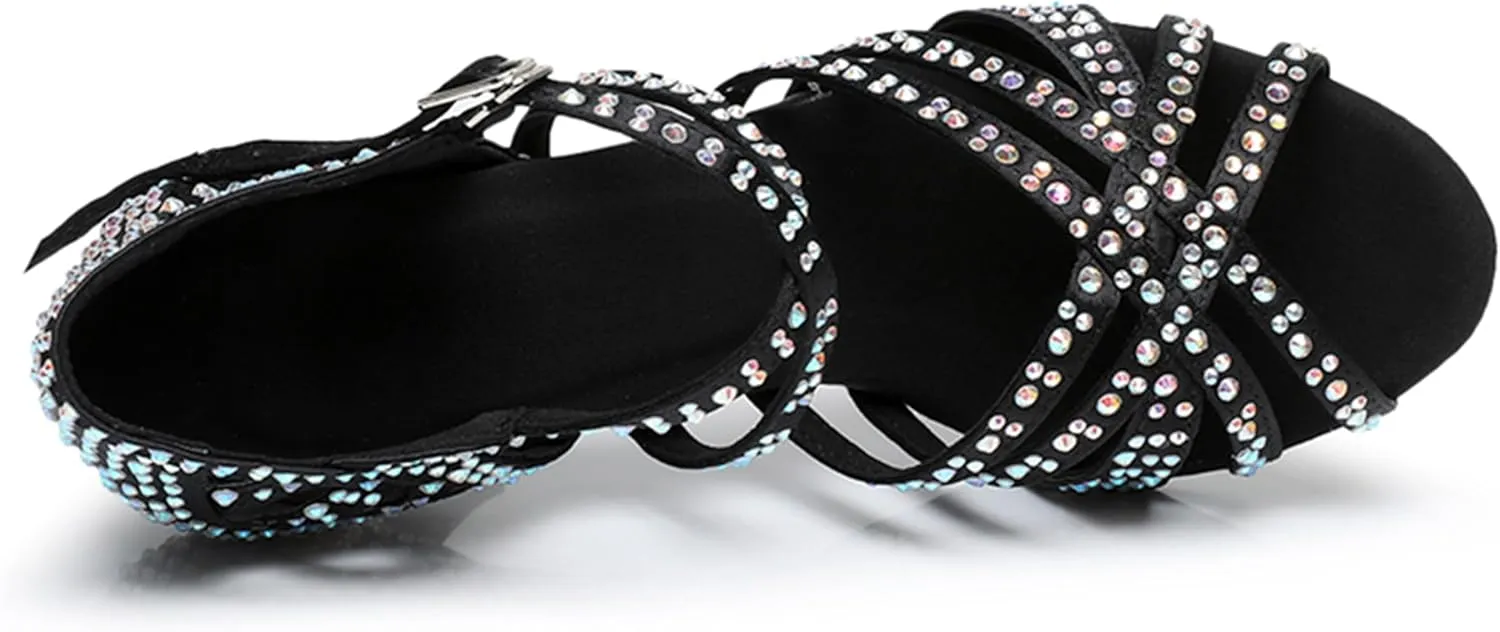 Womens Girls High Heel Dance Shoes Crystals Beaded Latin Tango Wedding Formal Party Sandals X2212