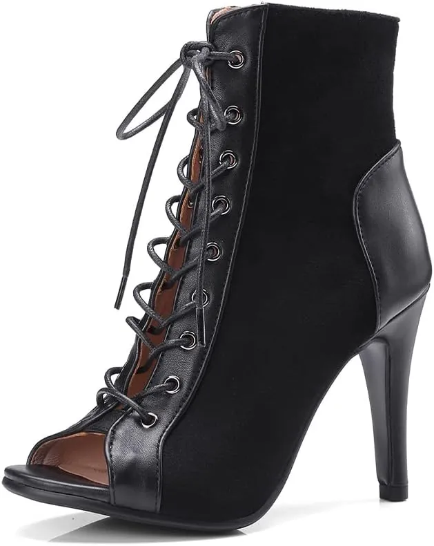 YKXLM Ballroom Dance Boots Women Latin Salsa Peep Toe Lace-up Ankle Dance Shoes,B53,4 inch Heel.5,Black,8.5 US