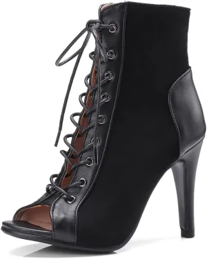 YKXLM Ballroom Dance Boots Women Latin Salsa Peep Toe Lace-up Ankle Dance Shoes,B53,4 inch Heel.5,Black,8.5 US