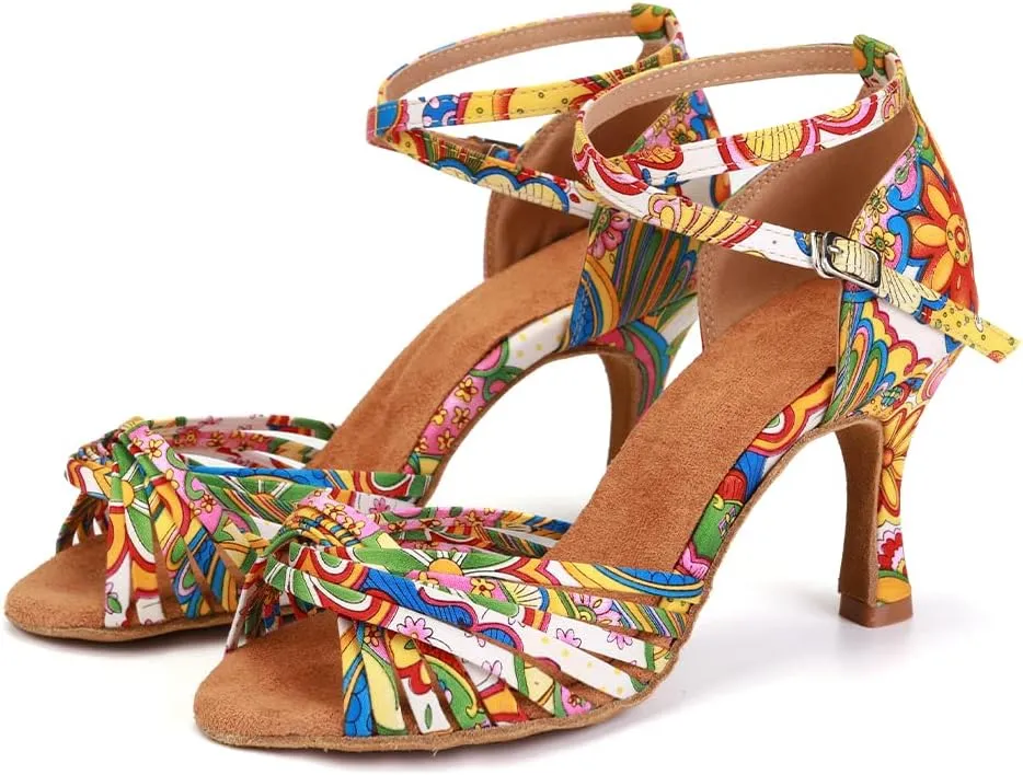 YKXLM Dance Shoes Women Latin 3 Inch Heel Salsa Social Dancing Shoes Colorful