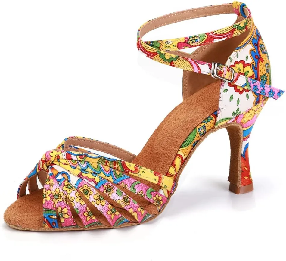 YKXLM Dance Shoes Women Latin 3 Inch Heel Salsa Social Dancing Shoes Colorful