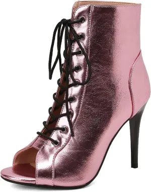 YKXLM Latin Dance Boots Salsa Women Ballroom Lace-up Ankle Open Toe Dance Shoes,9676-1,Pink,6US