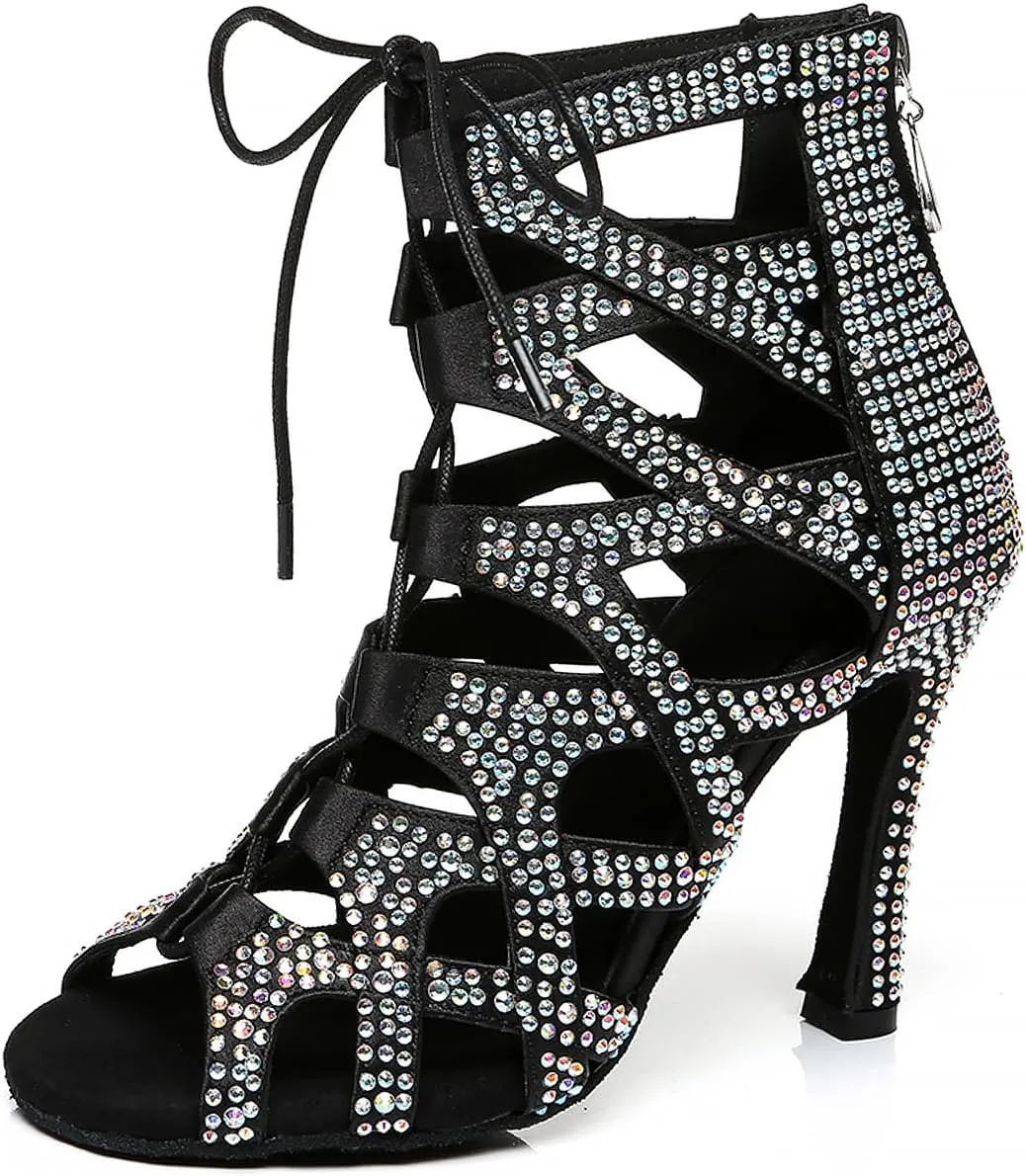 YKXLM Latin Dance Boots Salsa Women Ballroom Lace-up Ankle Open Toe Dance Shoes,L439,4 inch Heel,Black,5 US