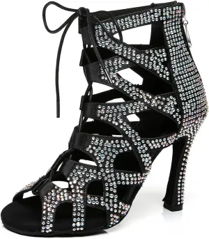 YKXLM Latin Dance Boots Salsa Women Ballroom Lace-up Ankle Open Toe Dance Shoes,L439,4 inch Heel,Black,5 US