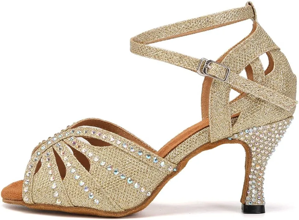 YKXLM Women Rhinestone Ballroom Dance Shoes Latin Performance Dance Shoes Women Suede Sole,L162,3 1/3 inches Heel,Gold,5 US