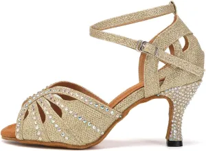 YKXLM Women Rhinestone Ballroom Dance Shoes Latin Performance Dance Shoes Women Suede Sole,L162,3 1/3 inches Heel,Gold,5 US