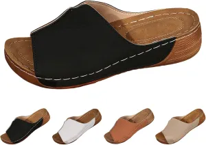 YOLAI Women's Solid Color Sandals Comfortable Arch Support Slides Breathable Summer Orthotic Leather Platform Wedge Sandals Slip on Women All Day Walking Casual Sandal