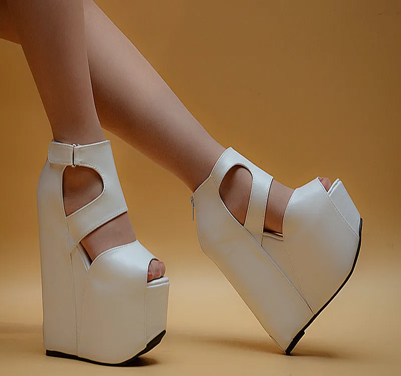 Zipper PU Peep-toe Super High Heel Wedge Sandals